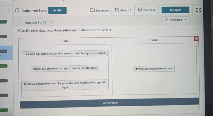 Classify each statement about subatomic particles as true or false.